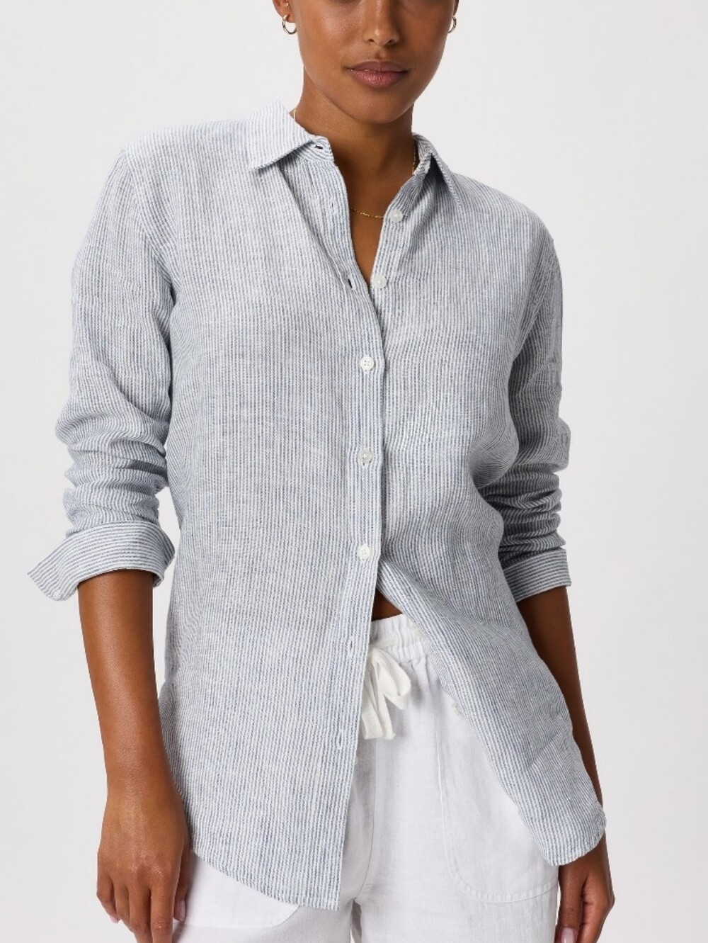 Quince Women's Light Blue & White Striped Button-Down Shirt